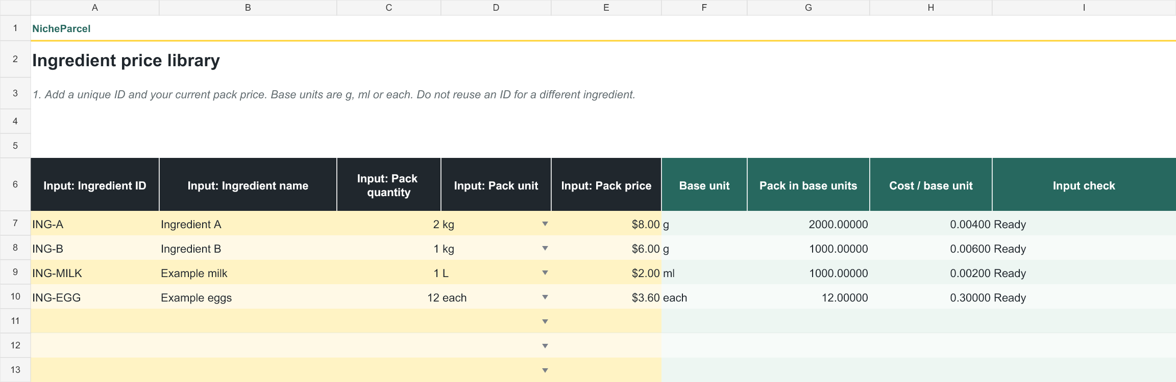 Actual Ingredients sheet showing purchase-pack records with labelled amber inputs and calculated base-unit costs.